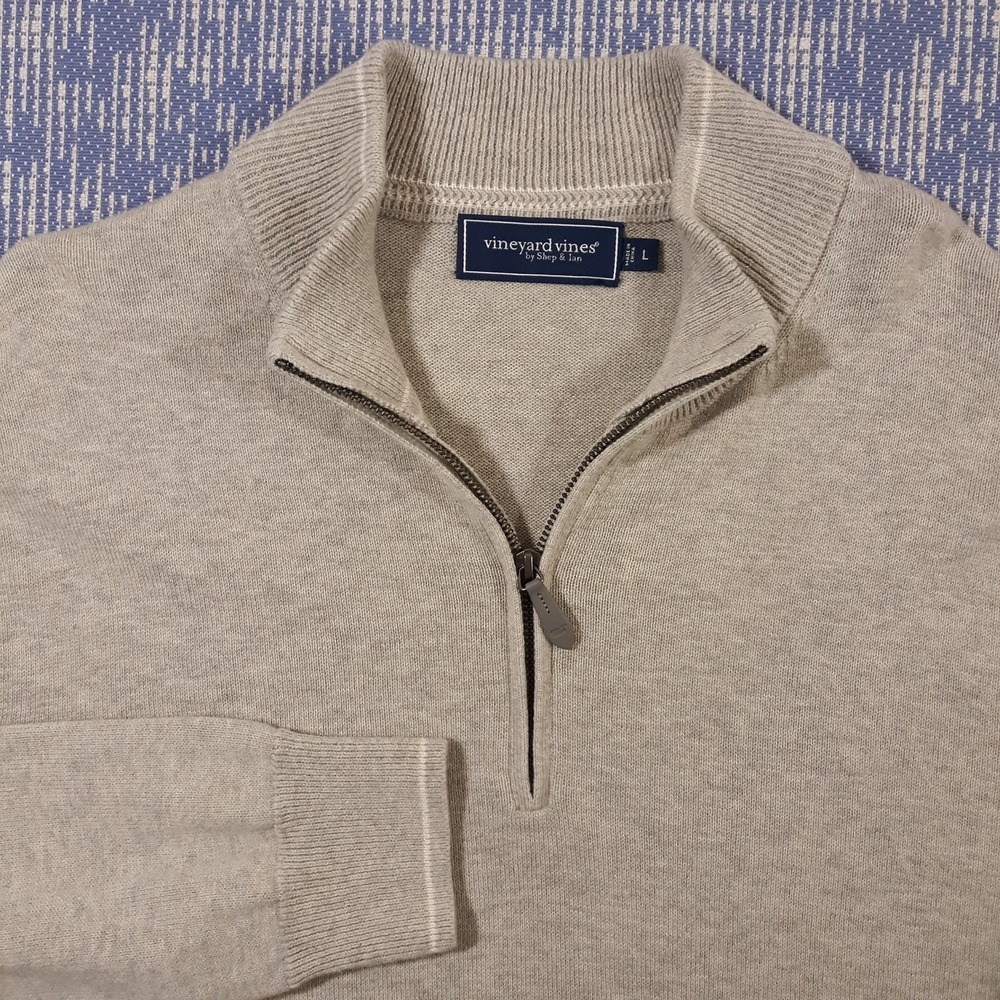 Vineyard Vines Sweater Mens Large Wool Cotton Blend Light Gray Beige 1/4 Zip